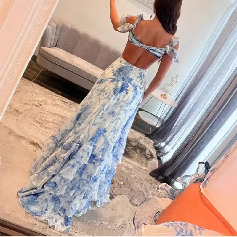 Lunaria  Customize Floral Print Cut-out V Neck Prom Dress White And Blue Tiered Ruffle vestidos de noiva A-line Evening Dresses