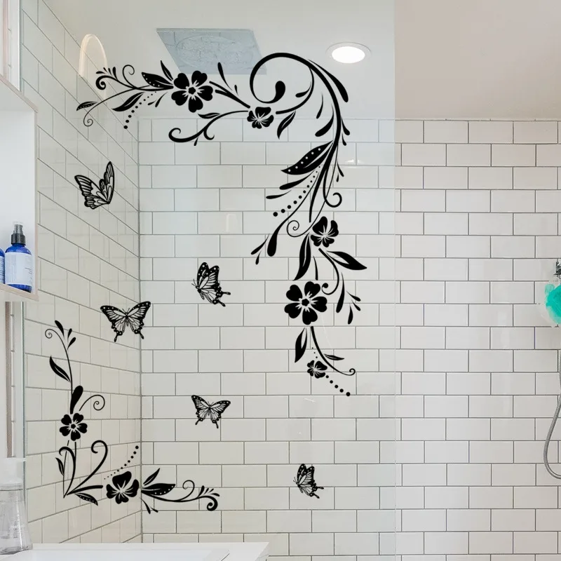 Bedroom Background Self-Adhesive 90*30CM Black Floral Butterfly Wall Sticker For Bathroom Door Sticker Bathtub