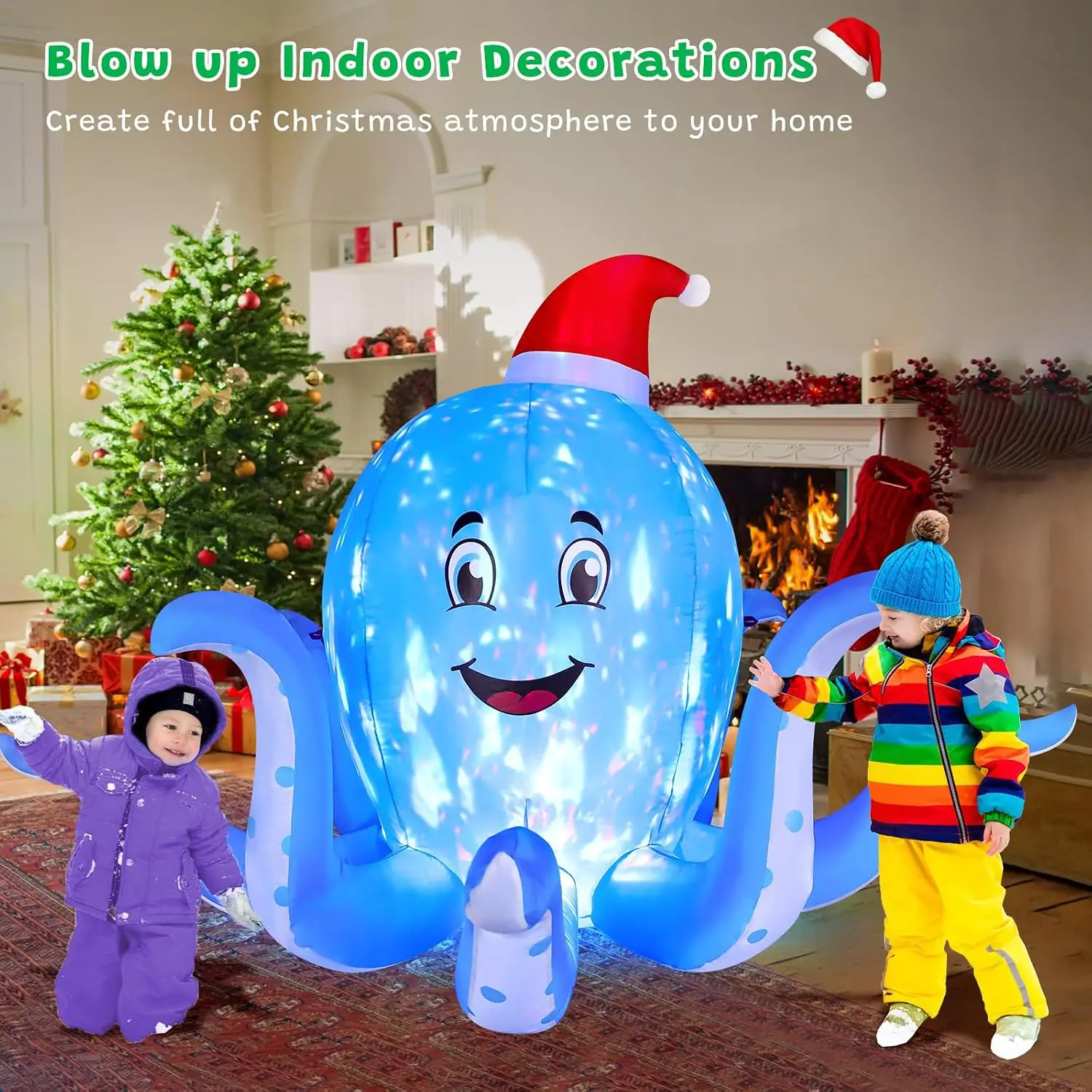 7 FT Christmas Inflatable Octopus Outdoor Decorations, Blow up Blue Octopus with Xmas Hat Indoor Decor, Built-in Rotating Flame