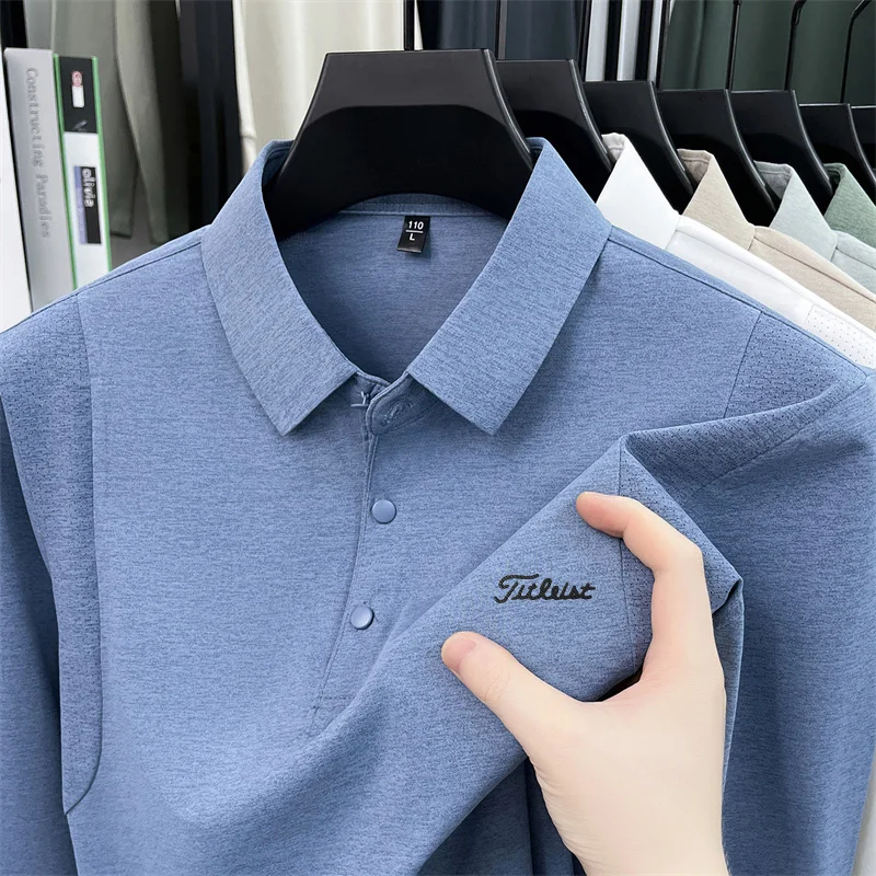 Original Herren Langarm-Poloshirt, schnelltrocknend, atmungsaktiv, mit Revers und Knöpfen, exquisiter Buchstabendruck, Herbst-Freizeit-Sportbekleidung für Herren – Detail 2