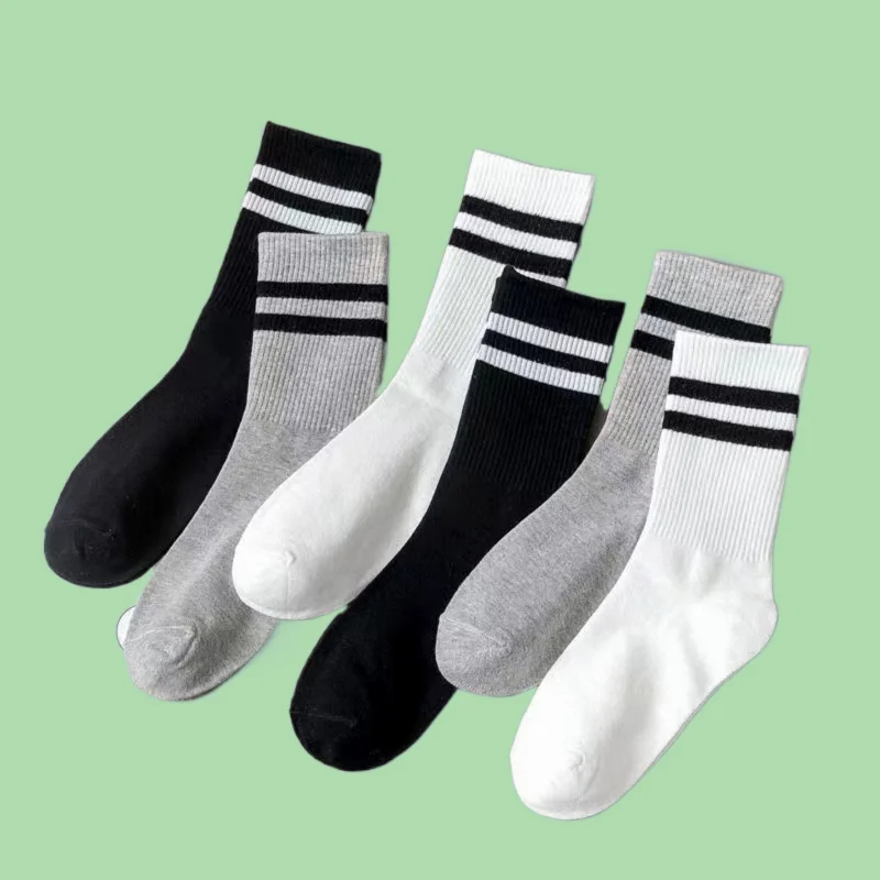 

5/10 Pairs High Quality Pure Cotton Sports Socks Trendy Socks Women's Black And White Gray Double Bar Breathable Middle Socks