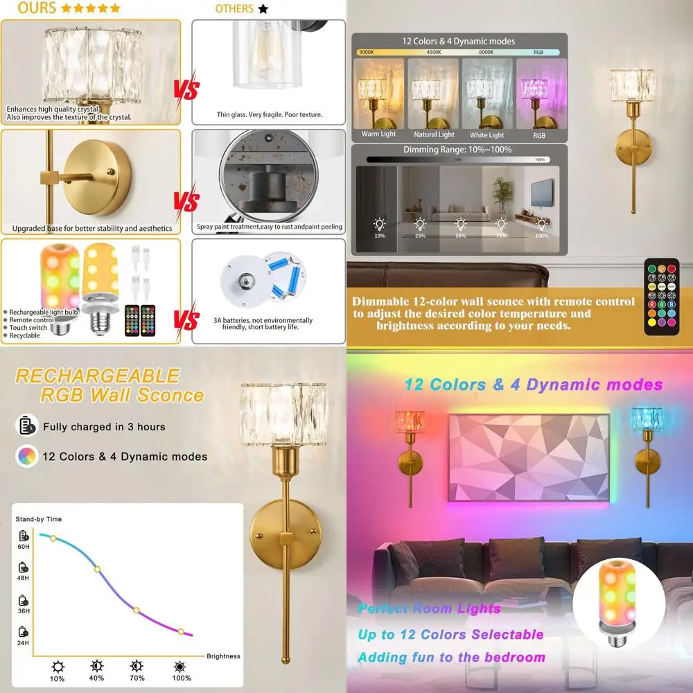 

Пара настенных бра с золотыми кристаллами на батарейках и зарядкой через USB, 12-цветные светодиодные фонари с регулируемой яркостью, пульт дистанционного управления для домашнего декора