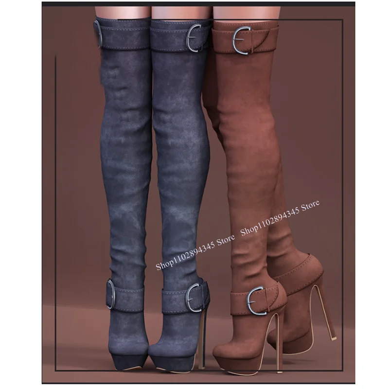 

Solid Plus Buckle Platform Boots Round Toe Thin High Heel Fashionable Sexy Cool Western Winter Woman Shoes Zapatilla Mujer