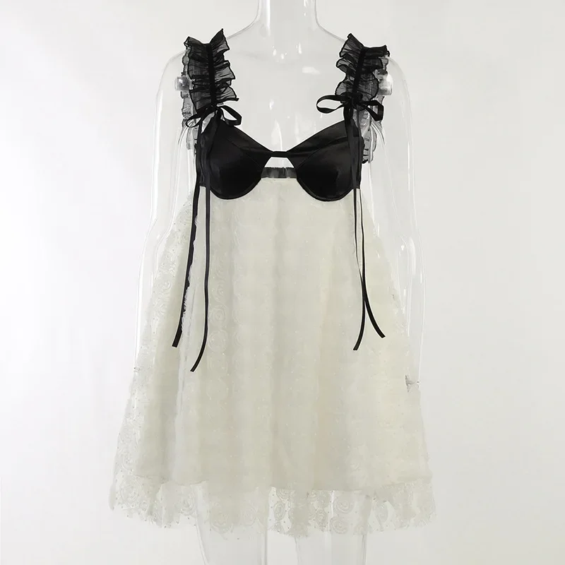 White Flower Lace Backless Dress Women Elegant Sleeveless Patchwork Loose Mini Dresses Summer Hollow Out Coquette Partywear
