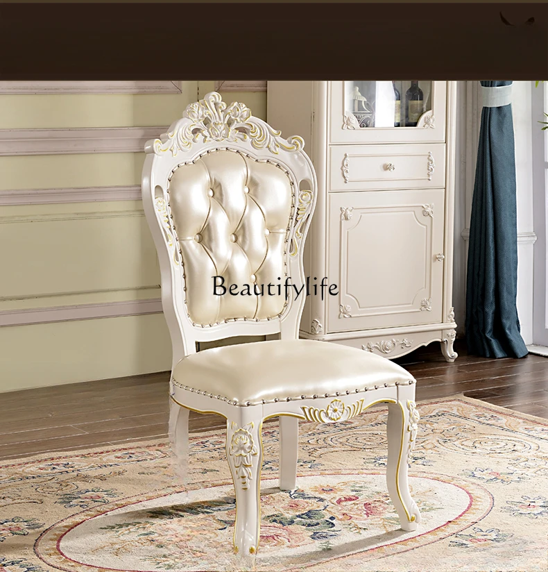 European leather jacket dining chair American solid wood carving white casual light luxury dressing chair