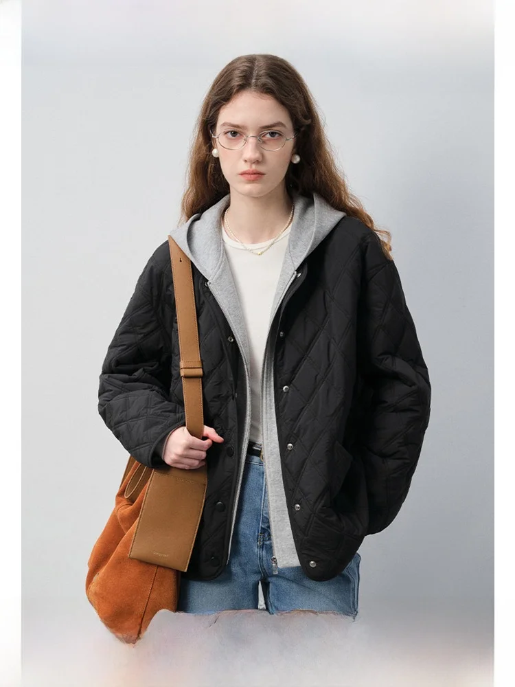 

VEGA CHANG Casual Hooded Cotton Jaet Warm Simple Sle Commute Artistic Loose Fit Long Sve Zipper Closure Color