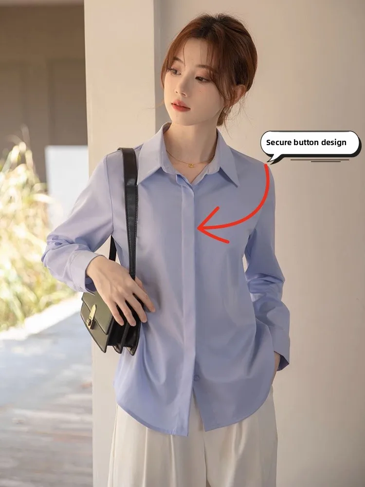 가을 겨울 티엔드 블루 여성용 롱 셔츠 전문가용 주름 방지 K 버튼 기본 셔츠 출퇴근 작업복