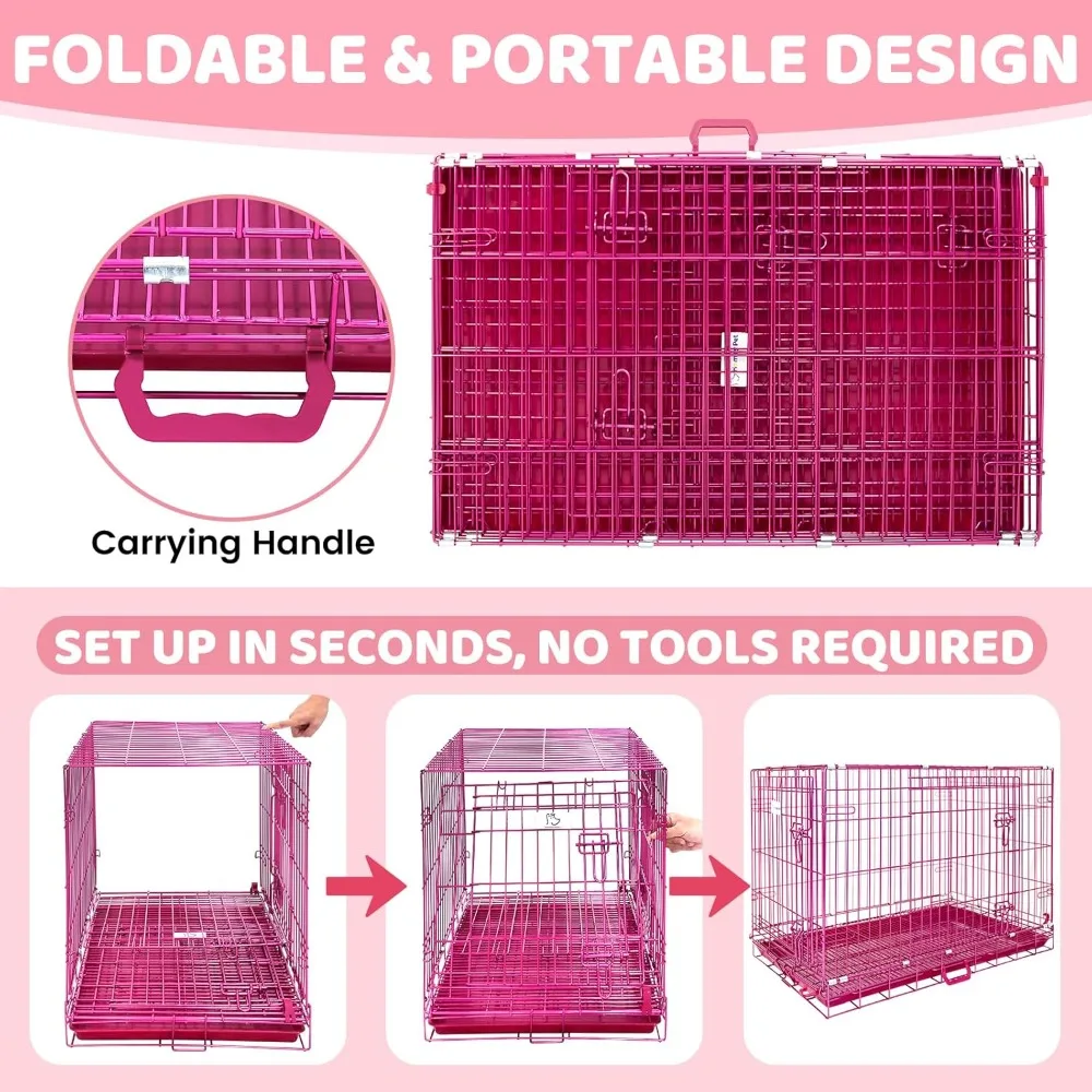 Large Pink Homey Pet Dog Cage for XL Dogs, 42 Inch Collapsible Cute Dog Kennel with Nano-Coated Metal Wire