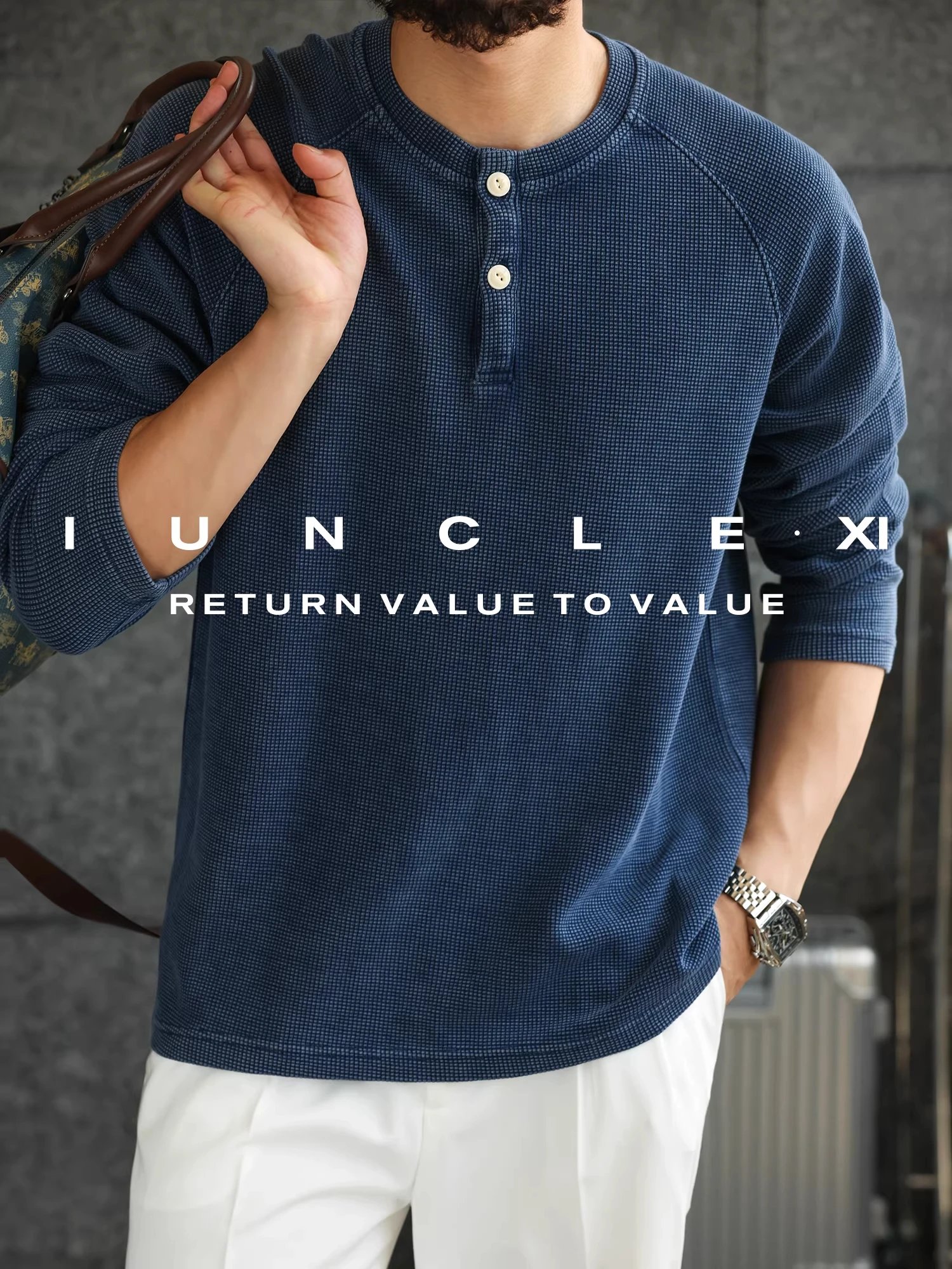 

Large Size Spring Autumn Waed Long Sve Henry irt American Retro Wer id Loose Base Sweatirt Men's T-irt