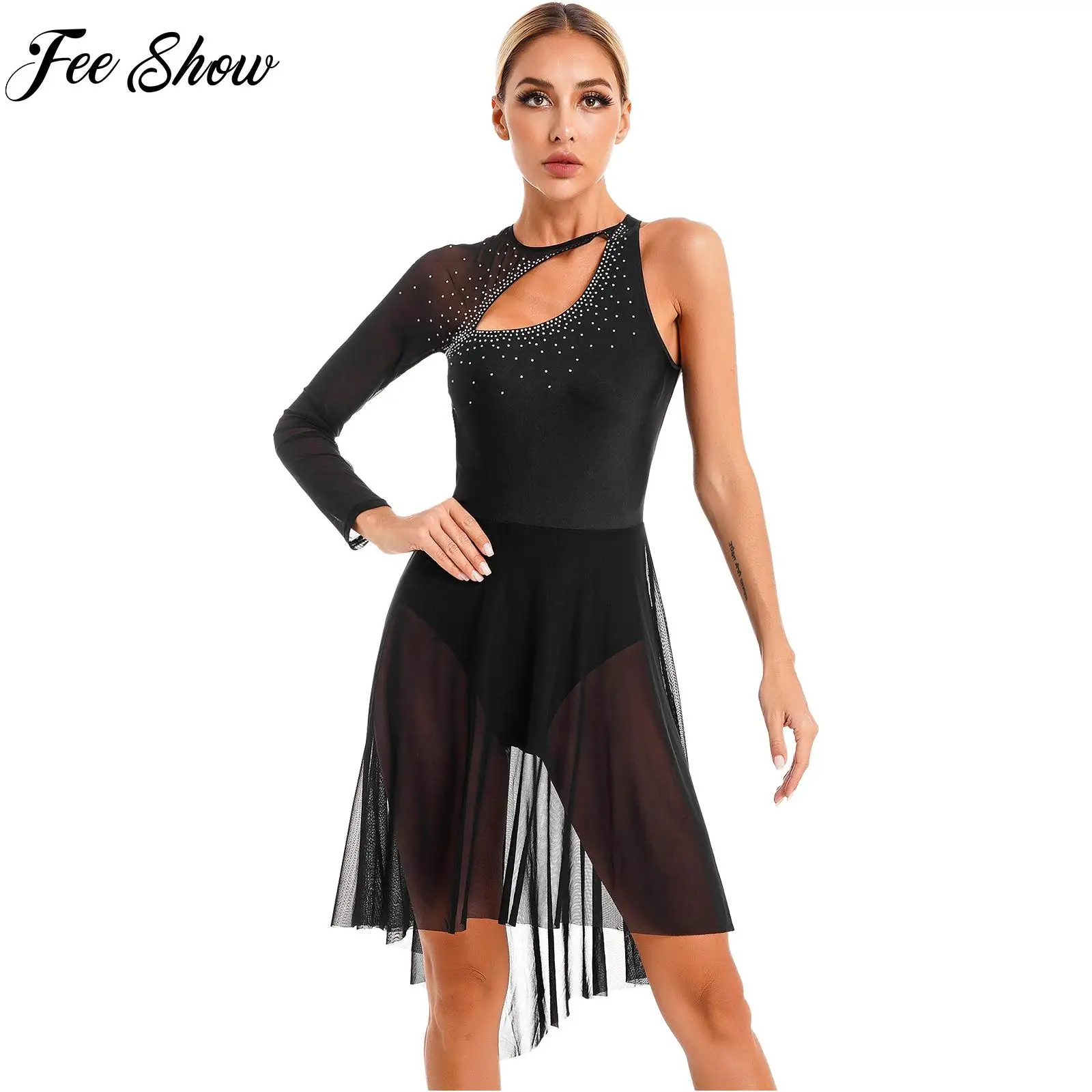 

Womens Figure Skating Costume Glitter Rhinestone Cutout Leotard Dress One Shoulder Sheer Mesh Long Sleeve Lyrical Dance Dresses