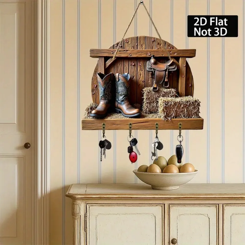 2D Western Style Cowboy Boots and Haystack, Wooden Keyframe with Four Metal Hooks, Home, Wall, Porch, Room, Seasonal Decoration