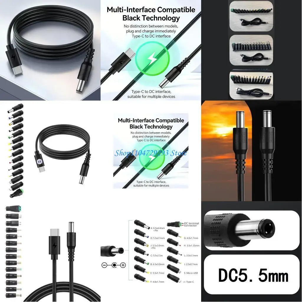 Y2GD Interchangeable Tip Chargers Cord USB Type C to DC5V 5.5mm For Multiple Devices