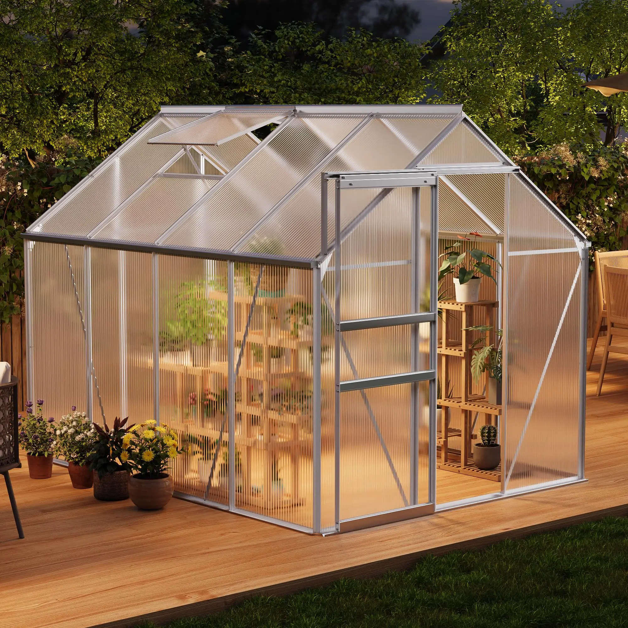 6 x 8 FT Polycarbonate Greenhouse, Winter Greenhouses for Outdoors with Aluminum Frame, Sliding Door, Adjustable Roof