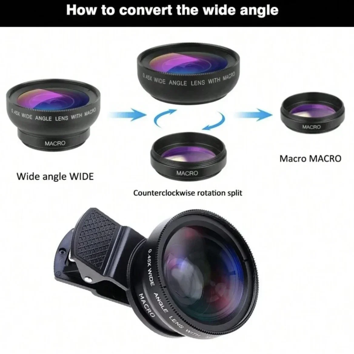 Mobile Phone Camera Lens 2 In 1 Clip-On Lens Kit 37mm 0.45X 49UV Super Wide Angle & Macro HD Lens
