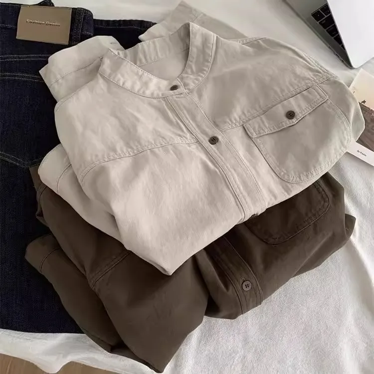 

Retro Workwear Stand Collar Jacket Women Loose Casual Washed Cotton Open Cardigan Spring Autumn Small Size Short Outerwear