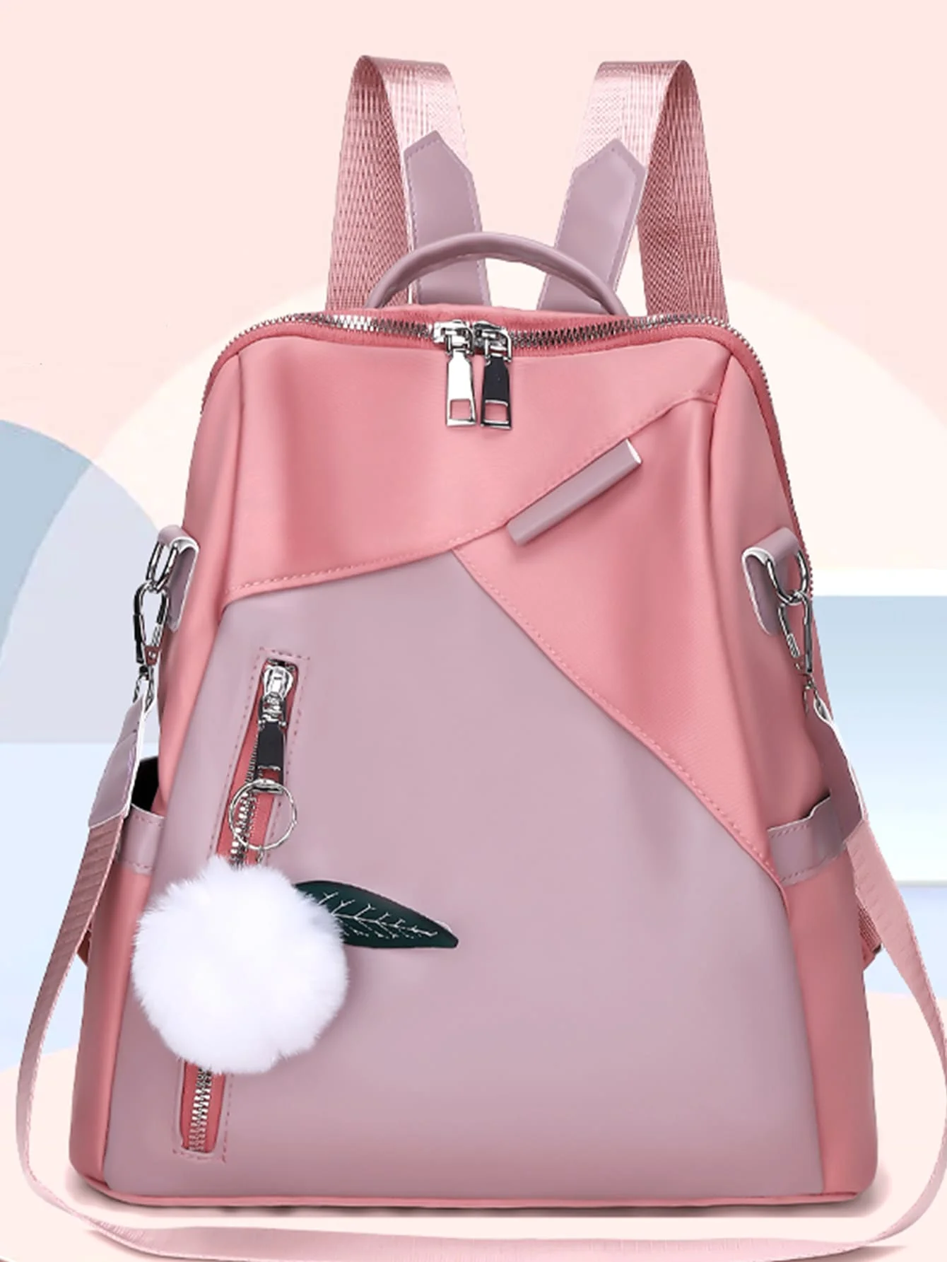 

Pink Color Block Nylon Lightweight Waterproof Backpack, Ladies Pom-pom Charm Commute & Travel Backpack