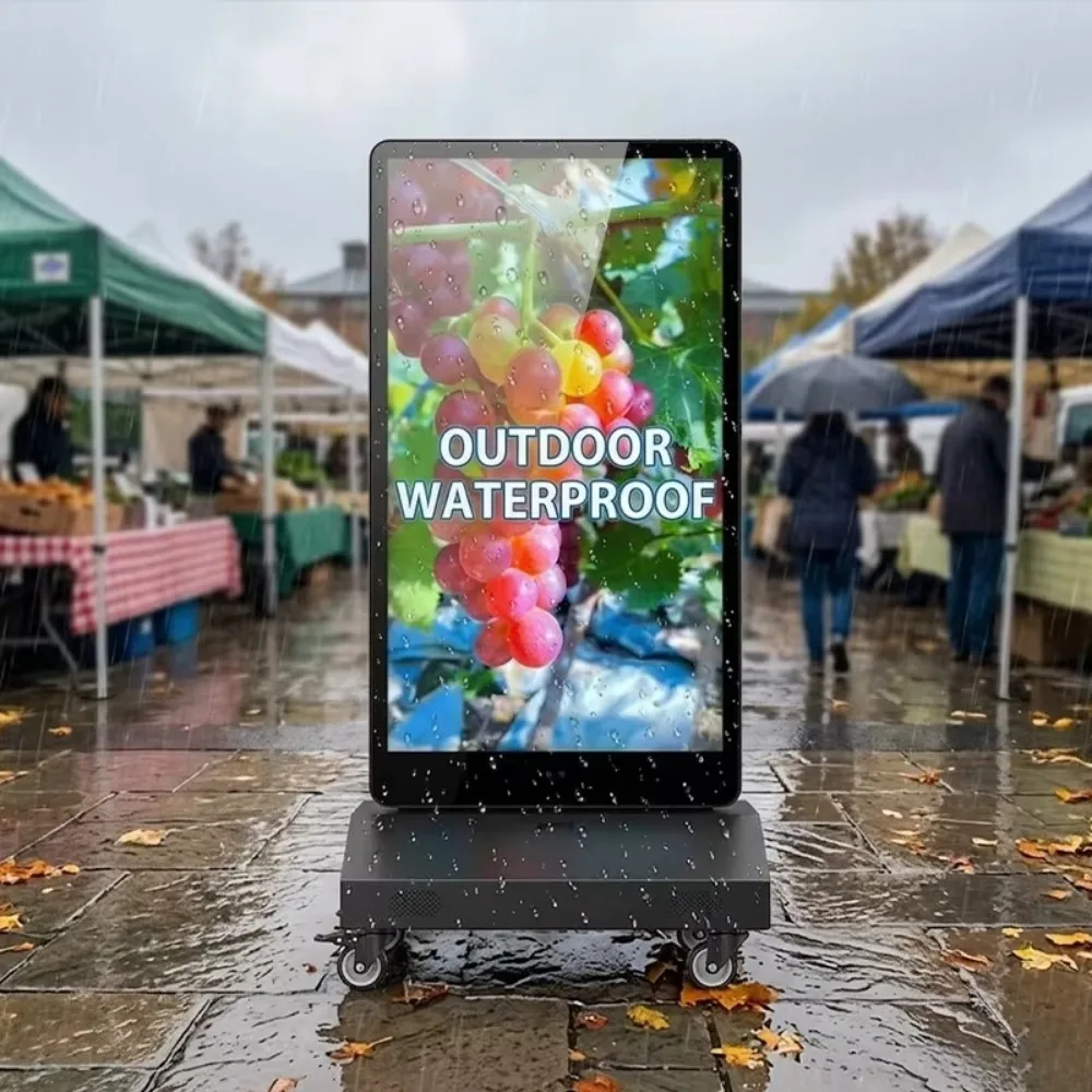Weatherproof Dual Display Advertising Player Floor Standing Mobile Signage Unit Battery Driven Commercial Promotion Screen