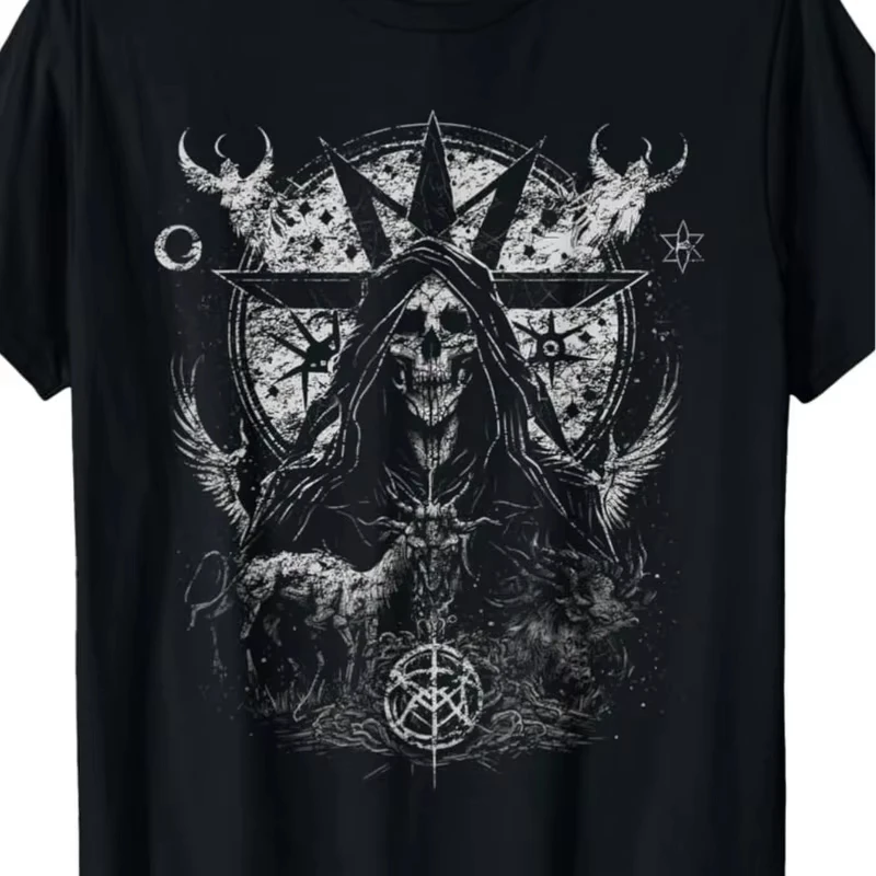 Evil Aesthetic Gothic Satanic Print T-shirt with Skull and Five-pointed Star Design Black Retro Pattern T-shirt Pure Cotton