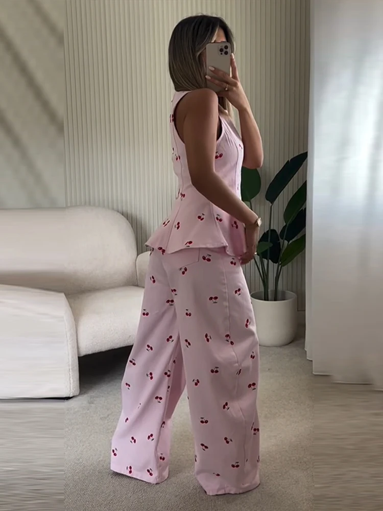 Damen-Hosenanzug 2-teilig Bedruckt O-Ausschnitt Ärmellos Rüschen Slim-Fit Oberteil mit Gebogenen Hosenbeinen Schicke Büro-Damen-Outfits Neu – Detail 27