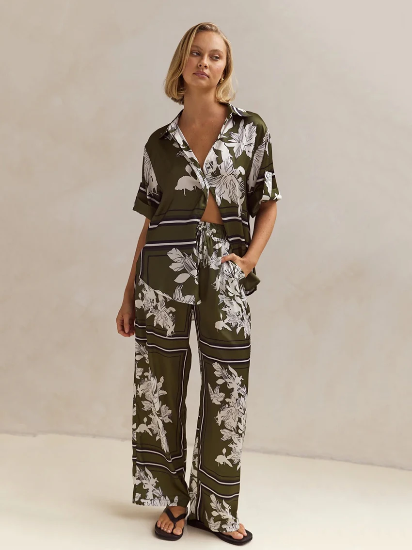 Marthaqiqi Printing Women Pajamas 2 Piece Suit Short Sleeve Sleepwear Turn-Down Collar Nightgown Pants Casual Ladies Nightie Set