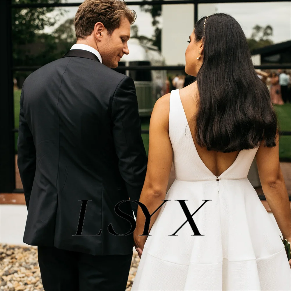 LSYX vestido de novia sencillo de satén con cuello en V profundo, sin mangas, con lazo y cremallera en la espalda, largo hasta el suelo, hecho a medida