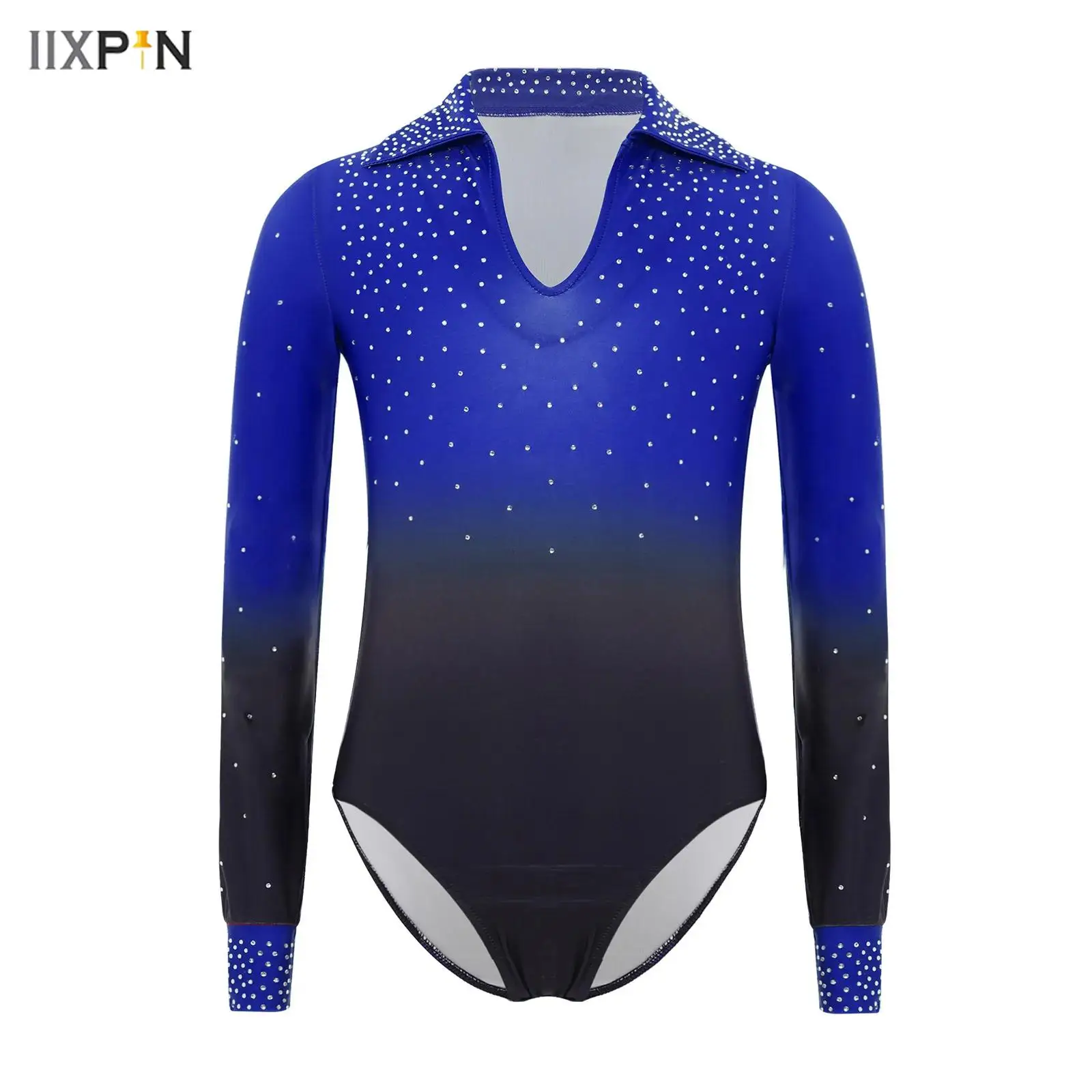 

Kids Boys Gymnastics Dance Bodysuit Turn-Down Collar Long Sleeve Shiny Rhinestones Gradient Color Leotard Ice Skating Dancewear