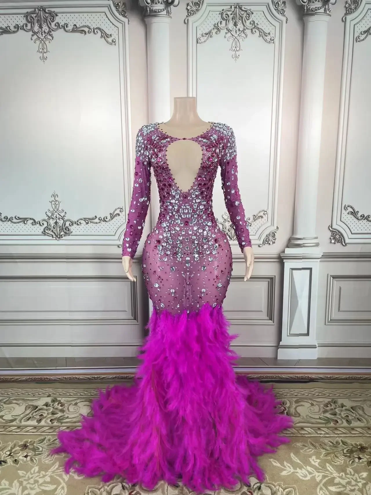 

Sexy Festival Outfit Transparent Celebrate Evening Prom Gown Birthday Dress Women Luxury Gift Sparkly Rhinestones Feather Dress