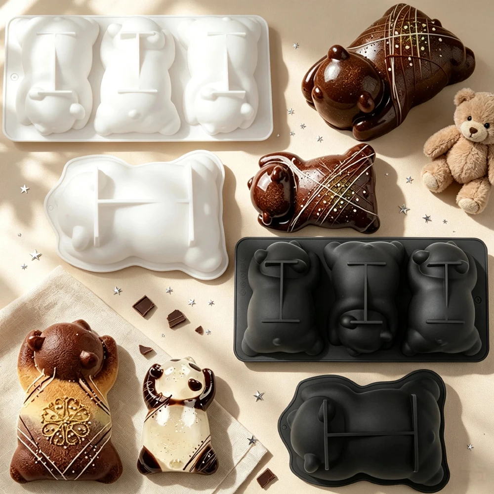 1 or 3-Cells Lying Sleeping Bear Design Food Grade Silicone Cake Molds Chocolate Mousse Mould Jelly Pudding Dessert Baking Tools