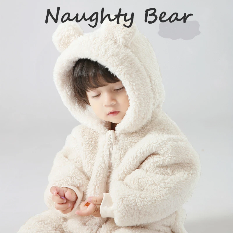 Autumn Winter Fluffy Warm Baby Jumpsuit Cute Bear Ear Hooded Thicken Infant Toddler Outerwear Fleece Onepieces Outfit