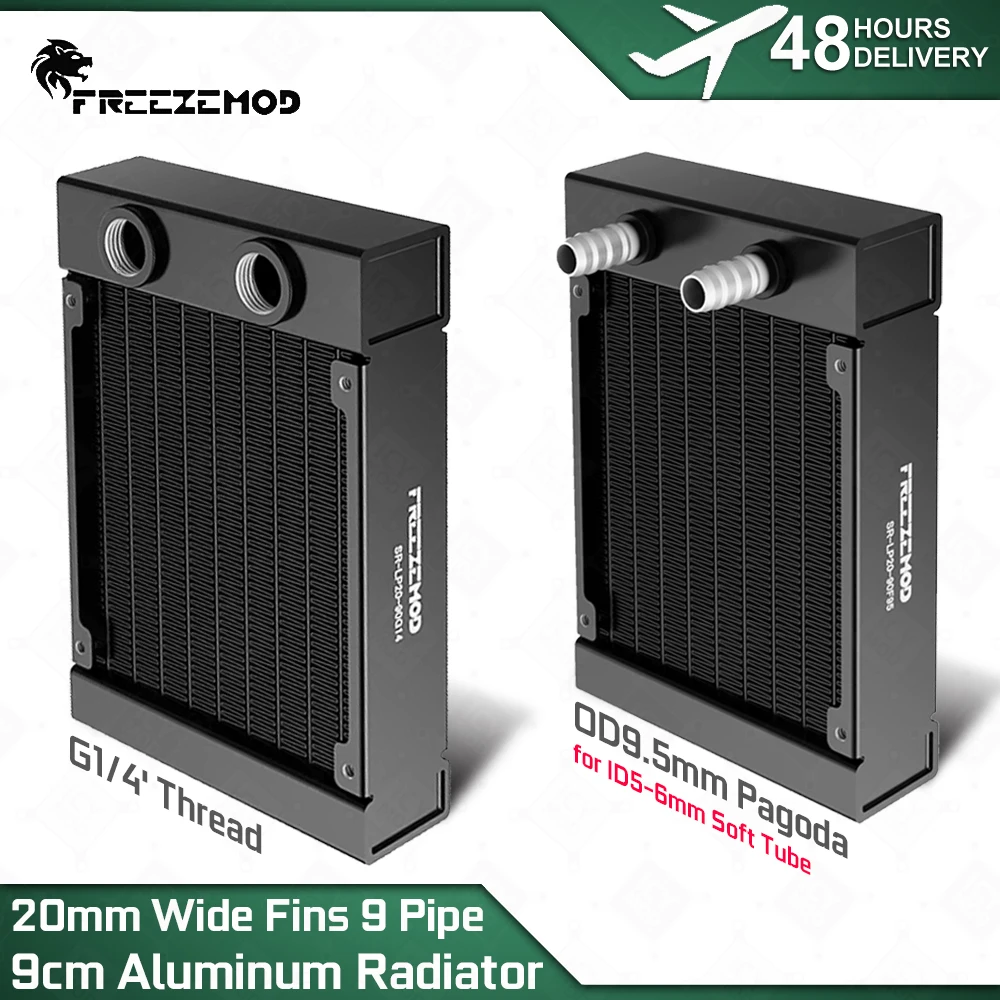 

FREEZEMOD Радиатор 9 см, алюминий, толщина 20 мм, ребра, 9 труб, поддержка вентиляторов 90 мм, корпус для ПК, дрон, водяное охлаждение, рассеивание тепла SR-LP20-90