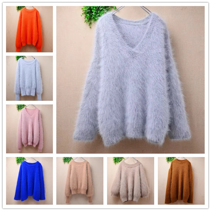 

Женский Mujer, осенне-зимний модный вязаный пуловер из чистого волосатого норкового кашемира с длинными рукавами и v-образным вырезом, свободный пуловер, свитер, джемпер, пуловер
