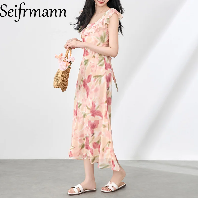 Seifrmann Abito lungo da donna alla moda con stampa floreale senza maniche con bordo a balze Splicing Abiti da ballo casual a vita alta