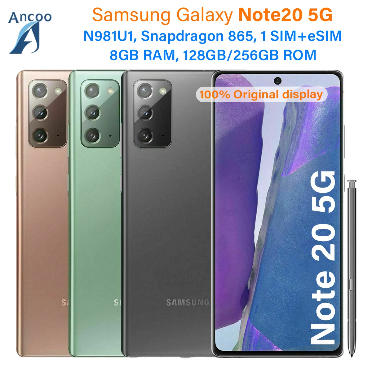 Samsung Galaxy Note20 5G N981U1 128GB ROM Octa Core 8GB RAM 6.7 Snapdragon 865  64MP&Dual 12MP eSim Unlocked Original Cell Phone