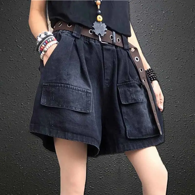 

Elastic Waist Denim Shorts Women's Summer New Fat Mm Large Size Loose Cover Meat Lean A Word Wide Leg Five Quarter Pants Shorts