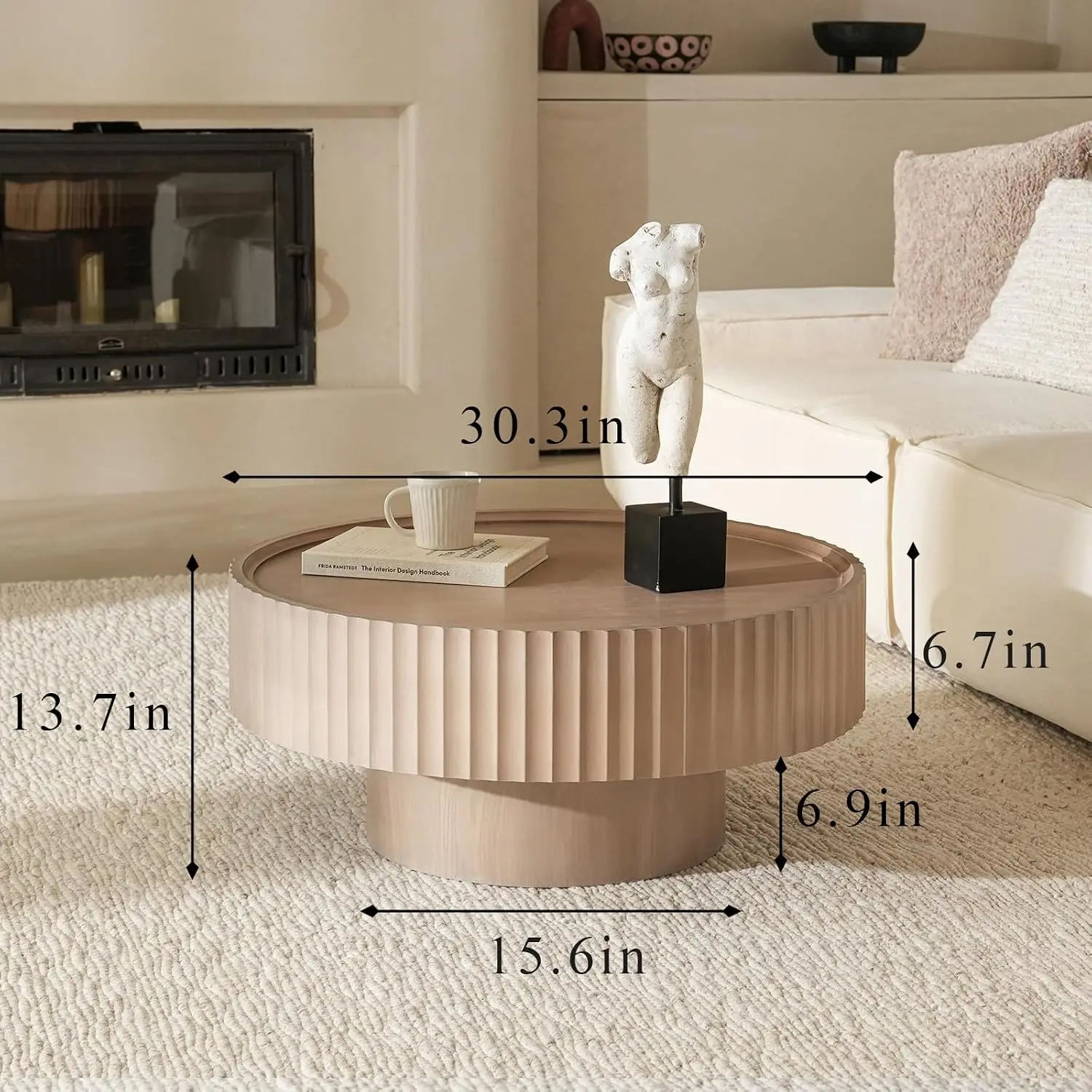 Fluted Drum Coffee Table 30.3in Round Solid Wood Veneer Accent Center Storage Living Room Farmhouse Grayish Pink, Customized