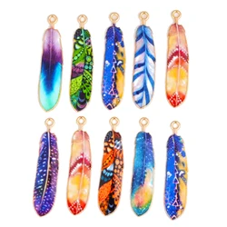 10pcs Enamel Color Print Feather Alloy Pendant For DIY Women's Earrings Keychain Necklace Jewelry Making Charm Accessories