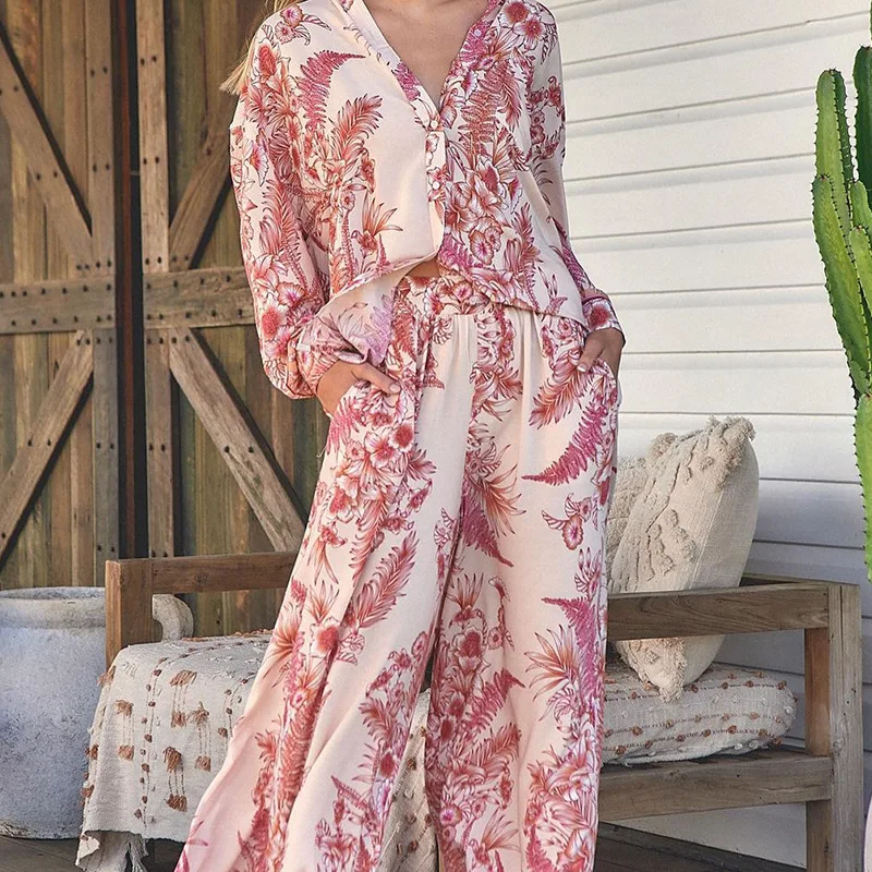 FD1120 2024 Spring New Women's Fashion Long Sleeved Printed Shirt Wide Leg Pants Two Piece Set