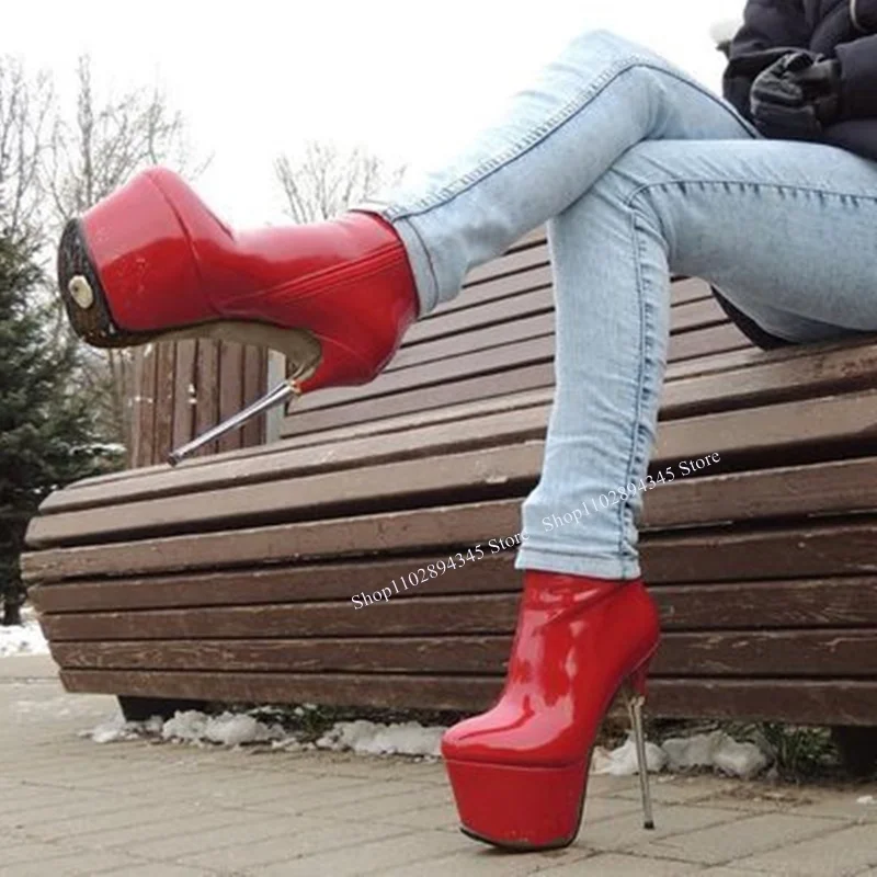 Stivali poco profondi in pelle verniciata rossa piattaforma sottile con tacco alto alla moda Sexy Cool inverno scarpe da donna di grandi dimensioni