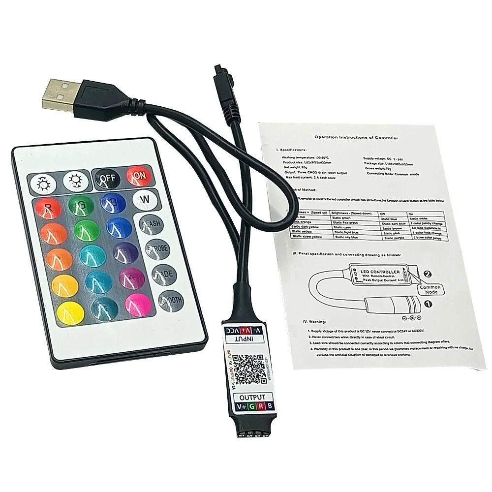 DC 5V USB Controller RF Wireless Remote Control Dimmer Mini Bluetooth 24 Key, Suitable for 5050/2835/3528 RGB LED Strip Lights