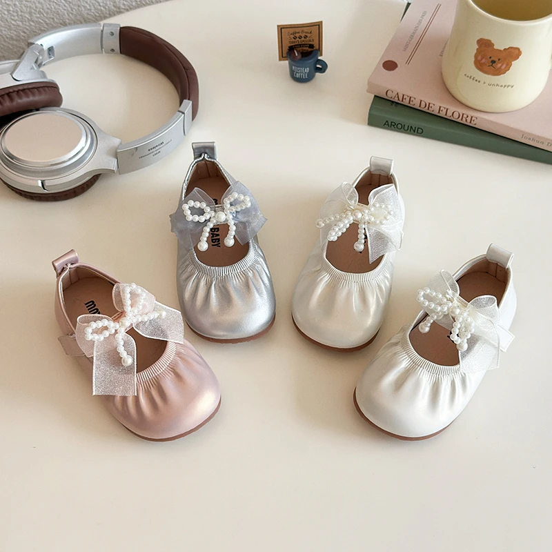 

Baby Girls Leather Shoes for Wedding Party Princess Kids Flat Mary Janes Lace Bowtie with Beading 2026 Spring Children Flats New