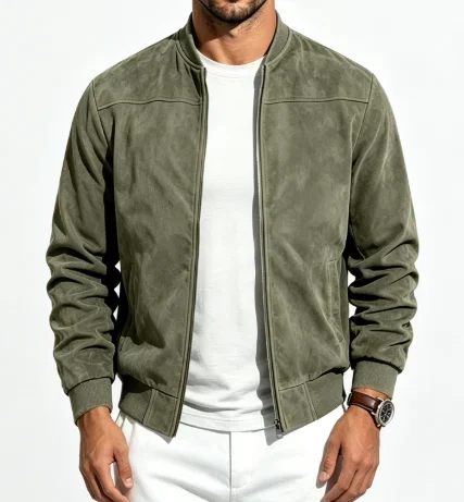 Men Faux Suede Er Jacket Classic Stand Collar Zip-Up Casual Flight Jacket Lightweight Slim Fit Baseball Coat Autumn Winter