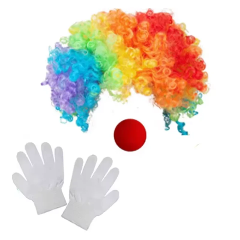 소년 소녀 광대 무지개 가발 + 거짓 코 생일 웨딩 파티 소품 할로윈 서커스 카니발 부활절 조커 곱슬 머리 위장