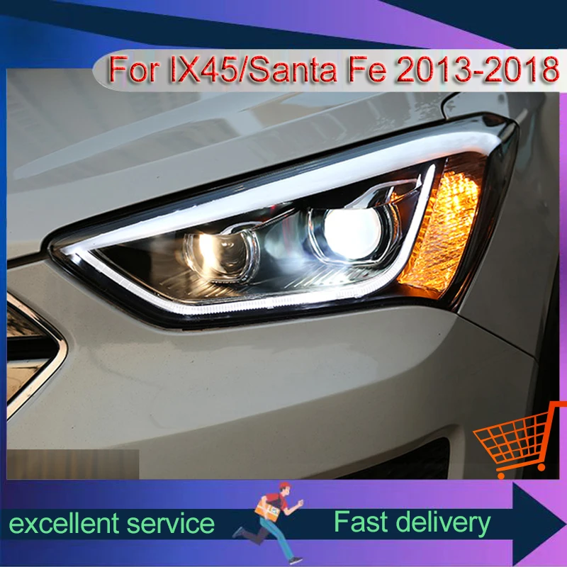 Automobile Headlights For Hyundai IX45/Santa Fe 2013-2018 Front Lamps Assembly Modified LED Eyebrow DRL Dual Lens Xenon Lights