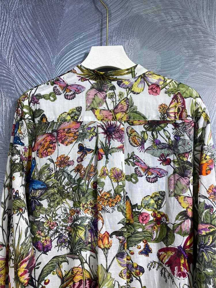 Spring Summer Women Blouses 100% Cotton Flower Printing Long Shirt Street Fashion Sweet Laptops