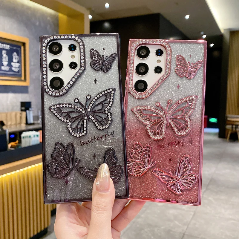 Capas de telefone borboleta brilhante para Samsung Galaxy S25 S24 Ultra S23 capa traseira de strass