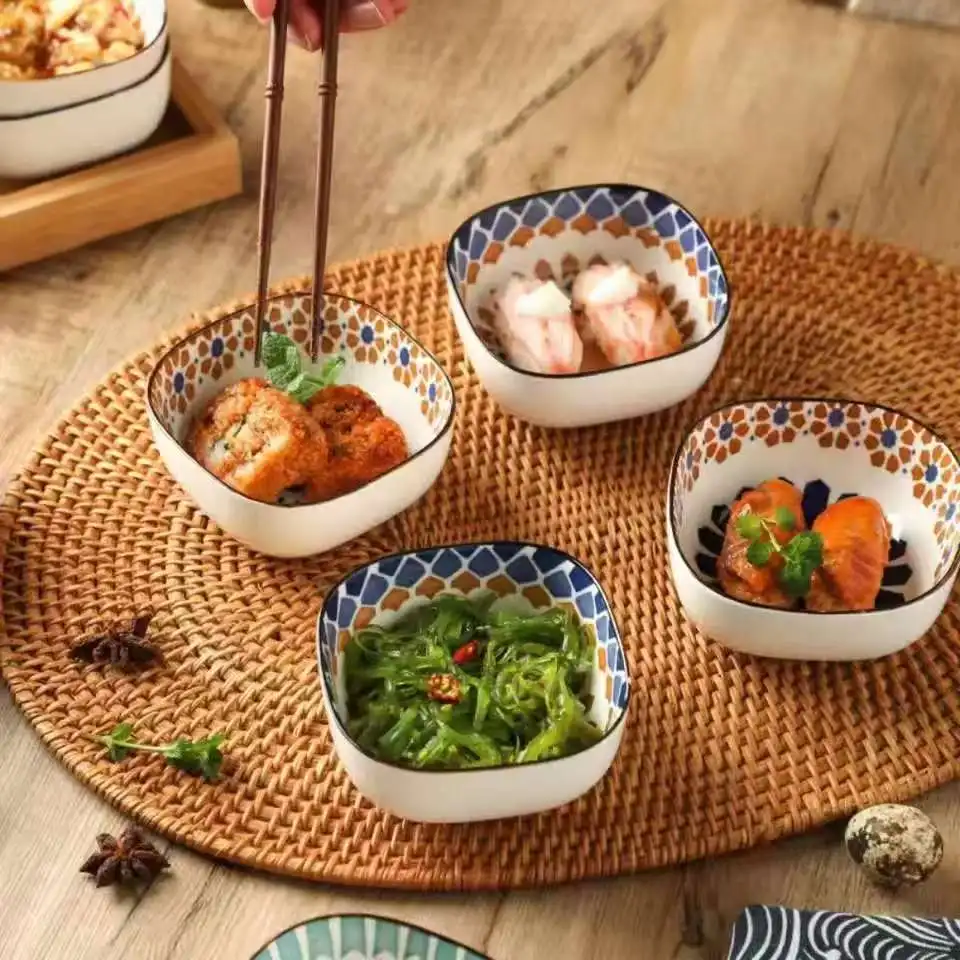 6pcs Japanese Ceramic Square Sauce Plates Underglaze Sushi Dishes Sauce Mustard Bowls Appetizer Plates