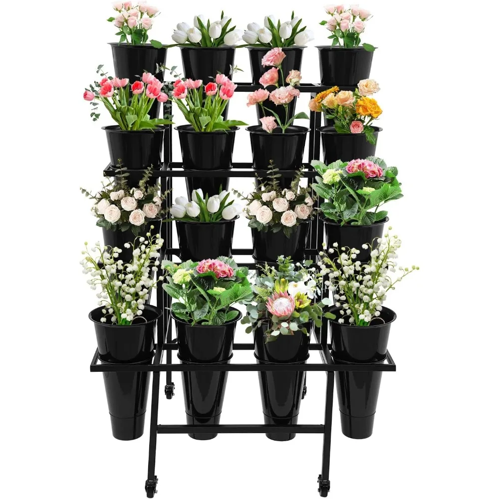 

Flower Display Stand with 16pcs Bucket, Wrought Iron Florist Shelf, 4 Layers Moving Plant Cart Shelf with Wheel,Black Shelf and