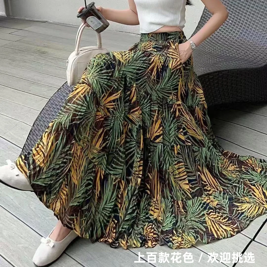 

National style printed big swing skirt romantic retro floral skirt thin elastic waist a word long skirt big flower umbrella skir