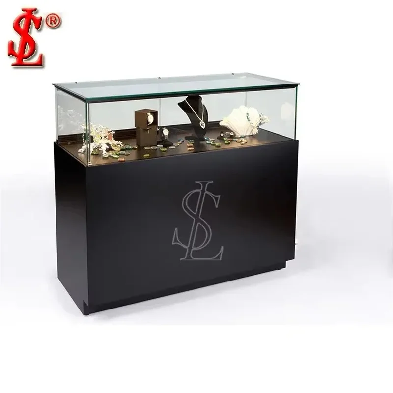 custom.Luxury Tempered Glass Jewelry Vitrine Display Tower with Matte Black Pedestal Base Countertop Showcase & Slim Metal Frame