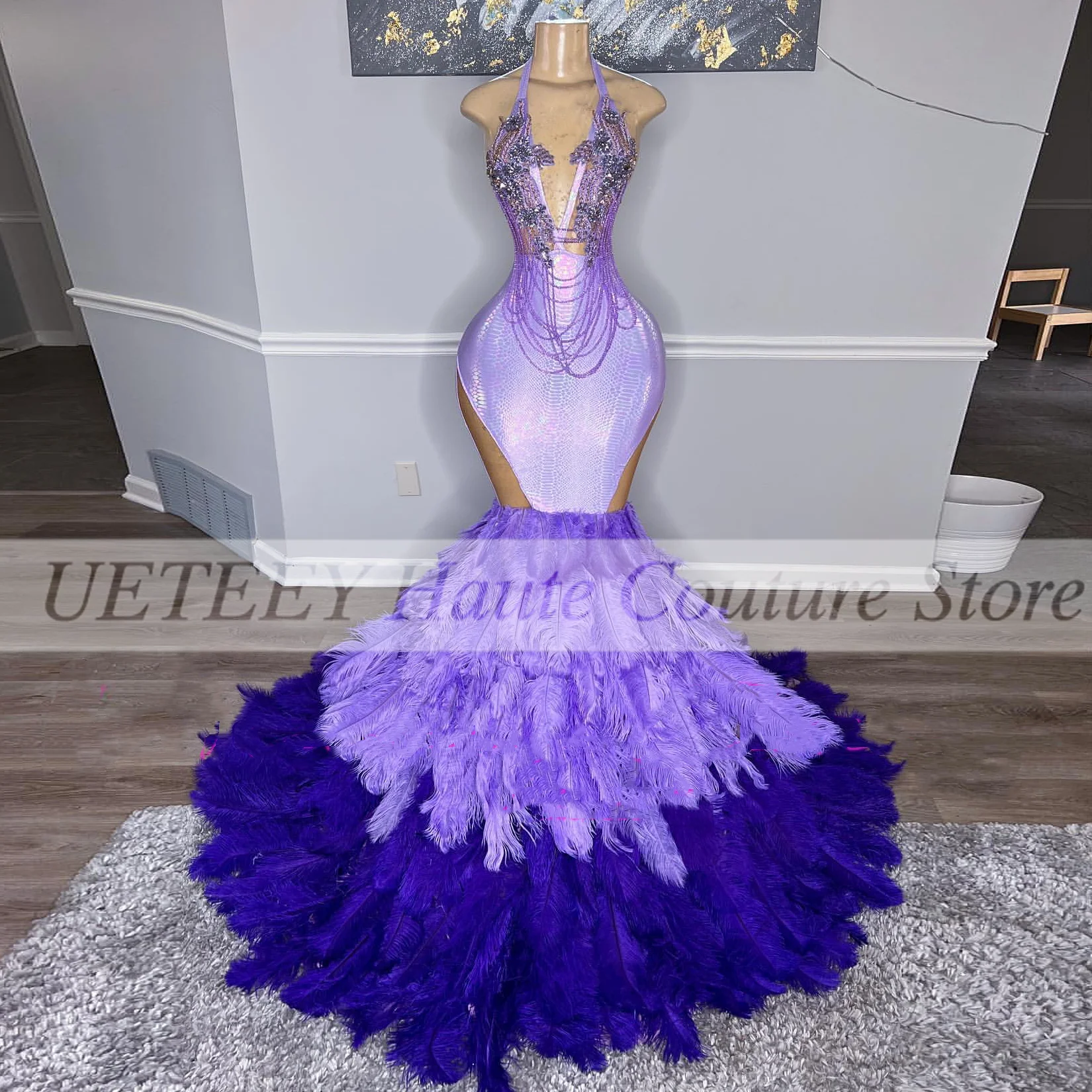 Purple Mermaid Prom Dresses For Black Girl Beads Feathers Sleeveless Luxury Formal Evening Dress For Graduation Party